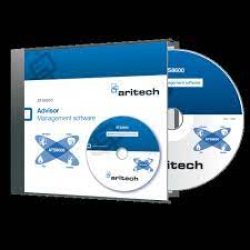 Eine Software-CD und deren Hülle der Marke Aritech mit der Aufschrift "Advisor Management Software", die in blauen und weißen Farben gestaltet sind.