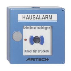 Ein blauer Hausalarmknopf der Marke Aritech, mit Anweisungen "Scheibe einschlagen" und "Knopf tief drücken".