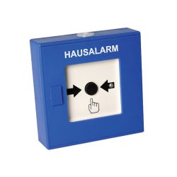 Ein blauer Hausalarm-Taster mit der Aufschrift "HAUSALARM", einem schwarzen Knopf in der Mitte und einer Grafik, die eine Hand zeigt, die auf den Knopf drückt.
