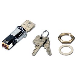 Schlüsselschalter-Set mit einem zylindrischen Schlüsselschalter, einem Paar Schlüssel, einem Sechskantmutter und einer Unterlegscheibe.