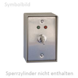 Ein rechteckiger Schlüsselschalter aus Metall mit einem Schloss in der Mitte und zwei Kontrollleuchten darüber, eine grün und eine rot. Hinweis: Schließzylinder nicht enthalten.