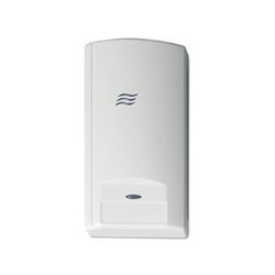 Weißes elektrisches Gerät mit blauem Wellen-Logo auf der Vorderseite, möglicherweise ein Sensor oder ein kleiner Luftreiniger.