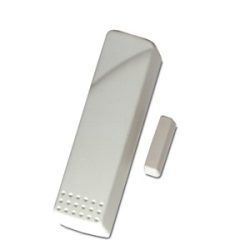 Zweiteiliges weißes magnetisches Tür- oder Fensterkontaktgerät, bestehend aus einem länglichen und einem kleineren Teil mit Punktmuster.