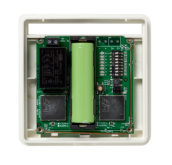 Grünes elektronisches Bauteil mit einer vertikal montierten Batterie und mehreren Chips, auf einer grünen Platine in einem cremefarbenen Gehäuse platziert.