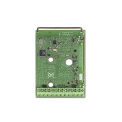 Grüne elektronische Leiterplatte mit mehreren kreisförmigen Öffnungen und verschiedenen elektronischen Komponenten sowie Anschlusspunkten am unteren Rand.