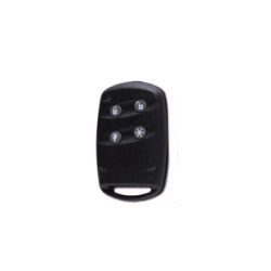 Schwarze Auto-Fernbedienung mit drei Tasten, die Symbole für Verriegeln, Entriegeln und einen Kreis mit einem X enthalten.