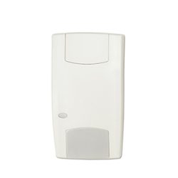 Ein weißer elektronischer Sensor oder Detektor mit rechteckiger Form, einer kleinen Abdeckung oben und einem größeren, abgesetzten Bereich unten auf der Vorderseite.