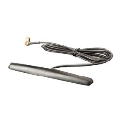 Eine schwarze Antenne mit einem langen Kabel und einem goldenen Steckverbinder am Ende.