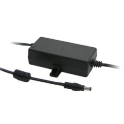 Schwarzes Netzteil mit einem abnehmbaren Gleichstrom-Stecker an einem Kabel.