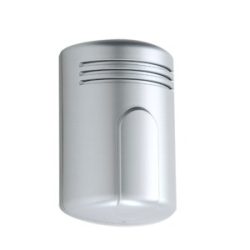 Metallischer Luftdufter mit einem abgerundeten Design und Lüftungsschlitzen oben.