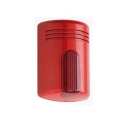Ein roter Wandalarm mit schallwandähnlichen Schlitzen oben und einem rechteckigen, durchsichtigen Bereich zur Lichtabstrahlung unten.