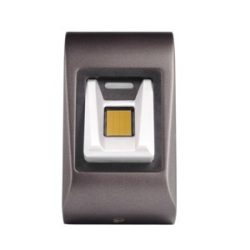 Ein biometrisches Fingerabdruck-Erkennungssystem mit einem matten, metallischen Gehäuse und einem goldfarbenen Sensor in der Mitte.