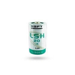 Eine 3,6V Lithium-Batterie des Modells Saft LSH 20, zylindrisch geformt, mit weißem Gehäuse und grünen Details.