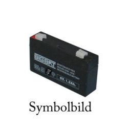 Rechteckige schwarze Batterie mit Aufschrift "BIGBAT" und Spezifikationen "6V, 1.2Ah" sowie Hinweis "Maintenance-Free Sealed Lead-Acid Rechargeable Battery".