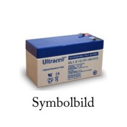 Ein Ultracell wiederaufladbarer Bleiakku mit blauem Gehäuse und Aufschrift, daneben der Text "Symbolbild".