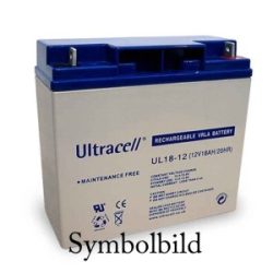 Symbolbild einer wiederaufladbaren VRLA-Batterie von Ultracell mit blauer Abdeckung und aufgedruckten Spezifikationen.
