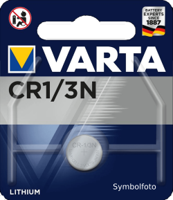 Verpackung einer VARTA Lithium-Batterie des Typs CR1/3N mit der Aufschrift "Battery Experts since 1887" und einem Verbotszeichen für das Verschlucken durch Kleinkinder.