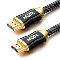 Vergoldetes HDMI-Kabel mit schwarzem Gehäuse und geflochtenem Mantel, das robuste Anschlüsse und langlebige Nutzung bietet.