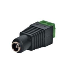 Ein schwarzer DC-Netzteiladapter mit grünem Anschlussblock und positiver und negativer Polung ist abgebildet.