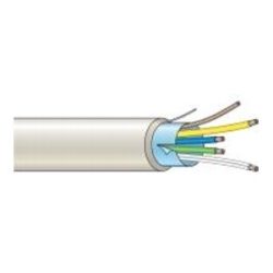 Ein Querschnitt eines elektrischen Kabels mit mehreren farbigen Innenleitern, die von einer weißen äußeren Isolierung umgeben sind.
