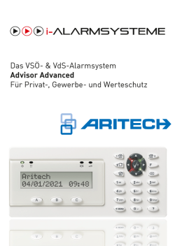 Werbung für das Alarmmanagementsystem "Advisor Advanced" von i-Alarmsysteme, geeignet für Privat-, Gewerbe- und Werteschutz, mit einem Bild eines Aritech-Alarmbedienfelds mit Display und Tasten.