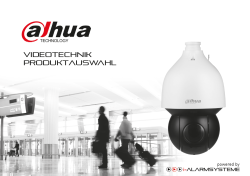 Werbung für Dahua Technology, die eine Überwachungskamera und den Text "Videotechnik Produktauswahl" zeigt, im Hintergrund verschwommene Reisende in einem Flughafen.
