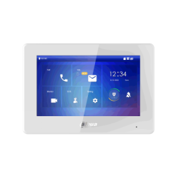 Ein modernes, weißes Tablet mit einem Touchscreen, das ein blaues Benutzeroberflächenlayout anzeigt, inklusive Uhrzeit, Datum und App-Symbolen für Anrufe und Nachrichten.