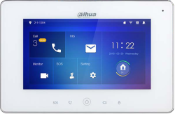 Ein interaktives Display des Dahua-Rufsystems mit verschiedenen Icons für Anrufe, Monitor, SOS, und Einstellungen auf blauem Hintergrund.