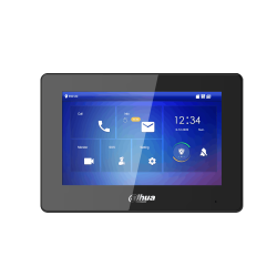 Digitale Video-Gegensprechanlage von Dahua mit einem Touchscreen, der verschiedene Funktionen wie Anruf, Info, Monitor, SOS und Einstellungen anzeigt.