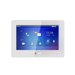 Ein weißer Touchscreen-Monitor mit blauem Hintergrund zeigt eine Benutzeroberfläche mit Telefon-, Nachricht-, Überwachungs- und Einstellungsfunktionen und der Uhrzeit 12:34 an.