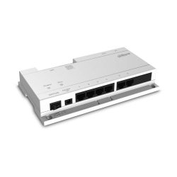 Ein weißer Netzwerk-Switch von Dahua mit fünf Ethernet-Ports und einigen Statusanzeigen, die mit 'Power' und 'Run' beschriftet sind, sowie einem Ein/Aus-Schalter an der Seite.
