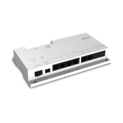 Ein weißes Netzwerkgerät mit dem Aufdruck "Dahua" und mehreren Ethernet-Ports, einem Netzschalter und einem DC 24V Anschluss.