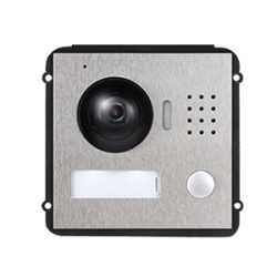 Quadratische Gegensprechanlage aus Metall mit Kamera, Mikrofon und Lautsprecher.