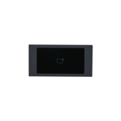 Ein schwarzer, rechteckiger RFID-Leser mit einem Display in der Mitte und einem Symbol für kontaktloses Bezahlen darauf.