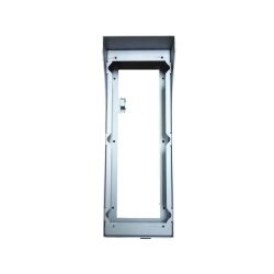 Ein rechteckiger, silberfarbener Metallrahmen mit einer Öffnung in der Mitte, wahrscheinlich Teil eines Geräts oder Gehäuses.