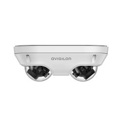 Weiße Avigilon-Überwachungskamera mit zwei kuppelförmigen Linsen, seitliche Ansicht.
