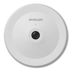 Runde Überwachungskamera von Avigilon in einem weißen Gehäuse mit einer Linse in der Mitte.