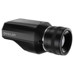 Schwarze Sicherheitskamera mit der Aufschrift 'Avigilon' an der Seite, rechteckiges Gehäuse und großes Objektiv.