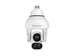 Eine weiße Avigilon-Überwachungskamera mit einem schwenkbaren Gehäuse und zwei sichtbaren Linsen.