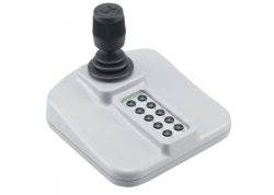 Grauer Joystick mit mehreren Tasten und einem schwarzen Steuerknüppel, geeignet für Computerspiele oder Simulationsanwendungen.