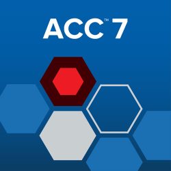Ein blaues Design mit der Aufschrift "ACC™ 7" und mehreren Sechsecken, darunter eines in Rot.