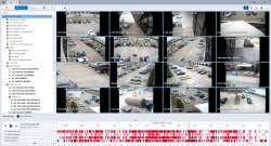 Eine Überwachungssoftware-Oberfläche mit mehreren Kameras, die Parkplätze und Gebäudeaußenbereiche zeigen. Die linke Spalte enthält eine Baumstruktur mit Kameraoptionen. Mehrere Kamerafeeds sind in einem Raster angeordnet und zeigen Aufnahmen von Autos und Straßen. Unten befindet sich eine Zeitleiste mit Aktionen, die in Rot markiert sind.