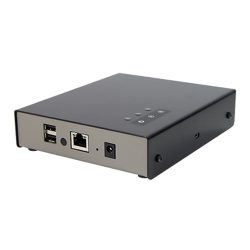Schwarzes Netzwerkkabel-Modem mit zwei USB-Anschlüssen, einem Ethernet-Anschluss, einem Stromanschluss und LED-Anzeigen auf der Oberseite.