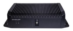 Schwarze elektronische Gerät mit gerippter Oberfläche, das das Logo 'Avigilon' auf der Vorderseite trägt.