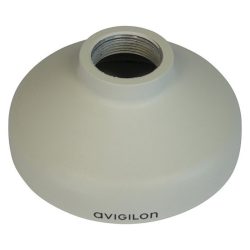 Ein weißer, kuppelförmiger Adapter mit einer Öffnung und dem Markennamen "Avigilon" darauf.