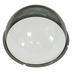 Eine halbkugelförmige, rauchfarbene Kunststoffabdeckung über einer leuchtenden weißen Lichtquelle, vermutlich eine Deckenleuchte.