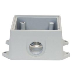 Graues Metallgehäuse mit rechteckiger Form und einem runden Öffnung an der Vorderseite, das für einen elektronischen oder mechanischen Einsatz bestimmt ist.