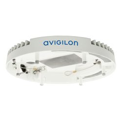 Ein kreisförmiges Überwachungsgerät der Marke Avigilon in Weiß, mit sichtbaren technischen Komponenten auf der Unterseite.