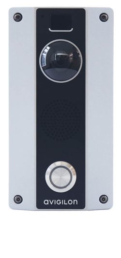 Ein graues und schwarzes Avigilon-Sicherheitsgerät mit Kamera und Lautsprecher.