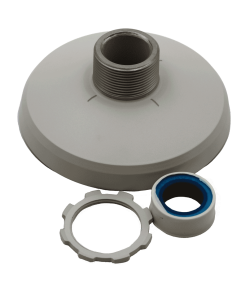 Eine silberne Flanschbuchse mit zwei losen Ringen, einer davon mit blauer Innenbeschichtung, vermutlich Bestandteil eines Verbindungs- oder Montagesystems.